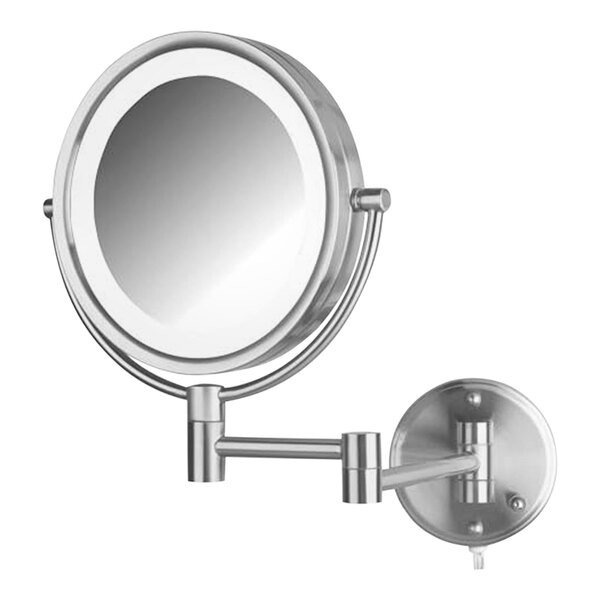 A Jerdon round silver wall-mounted mirror with white LED lights.