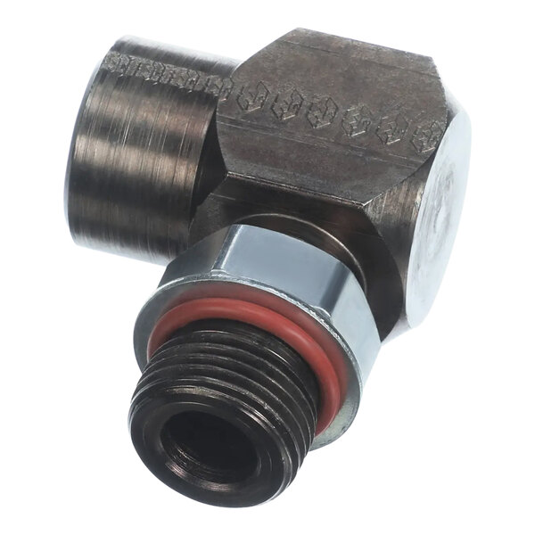 A close-up of a Henny Penny stainless steel threaded pipe elbow.
