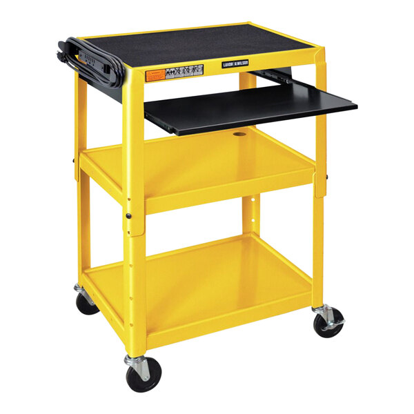 A yellow Luxor utility cart with black shelves.