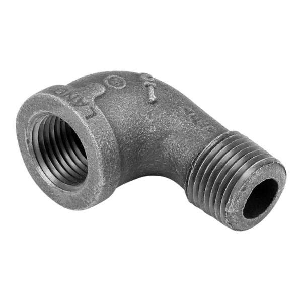 A black metal Henny Penny elbow pipe fitting with a threaded end.