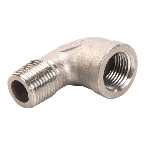 A silver stainless steel Henny Penny 90 degree street elbow with a threaded end.