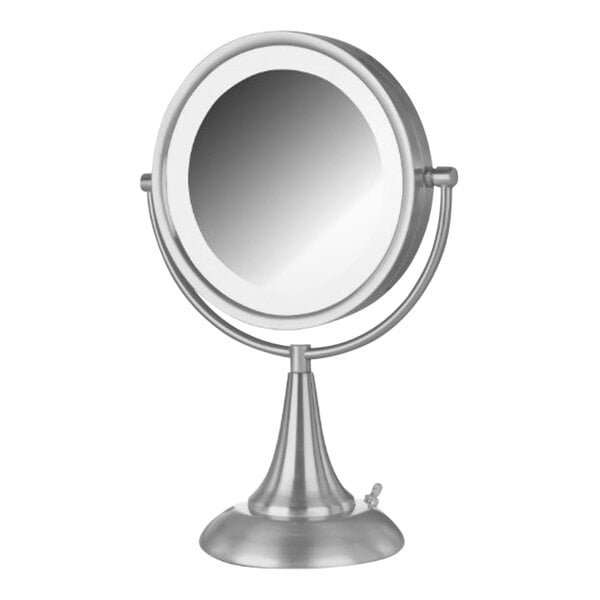 A Jerdon round silver mirror on a stand with a light.