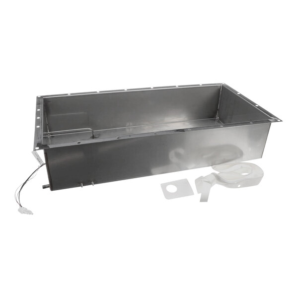 A stainless steel metal water pan assembly with a hole in it.