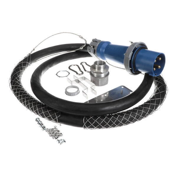 A blue and black electrical cable with metal parts.