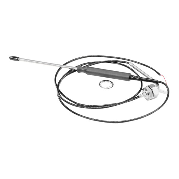 A black cable with a metal connector and a wire.