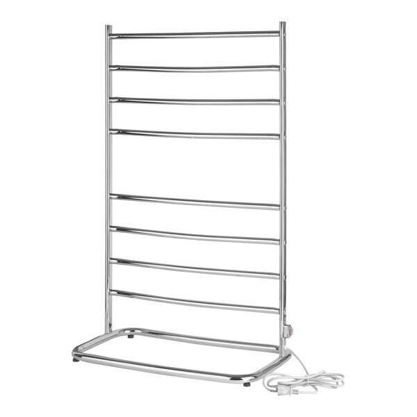 A chrome Jerdon freestanding towel warmer with wires.