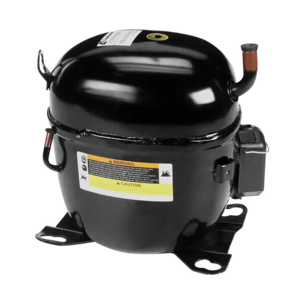 A black Hoshizaki air compressor with a yellow label.