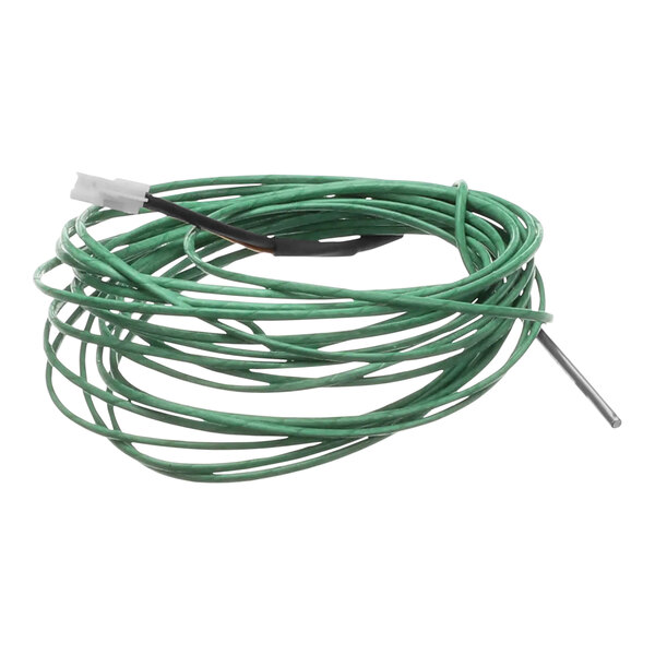 A close up of a green cable with a white tip.