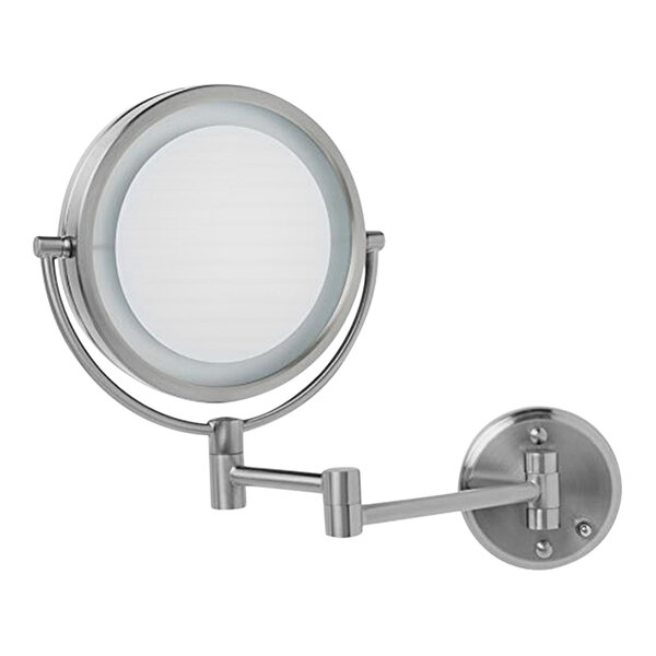 A round silver Jerdon wall-mounted magnifying mirror with white LED lights.