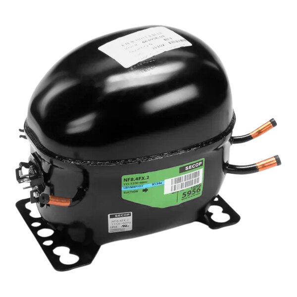 A black air compressor with orange and green wires.