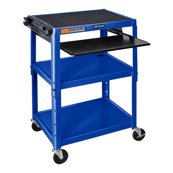 A Luxor royal blue steel utility cart with black shelves and a sliding keyboard shelf.