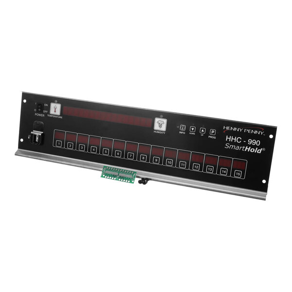 A black and silver electronic Henny Penny digital display panel with red buttons.