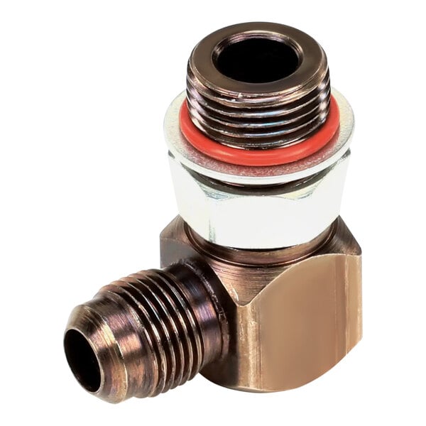 A close-up of a brass Henny Penny 90 degree elbow fitting with a red ring.