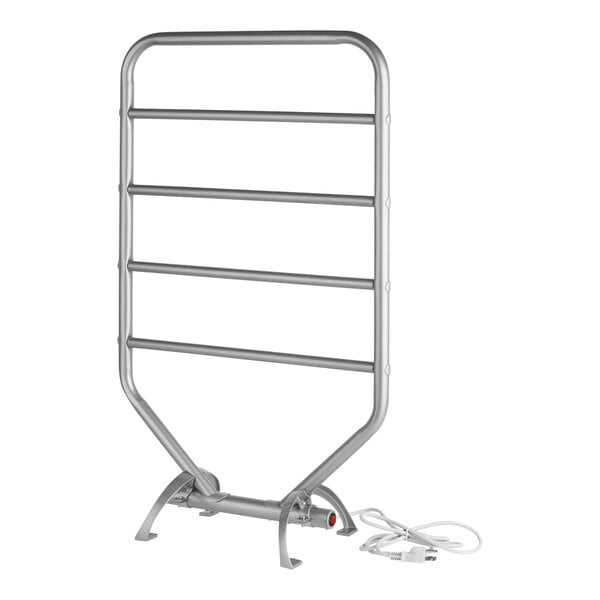 A close-up of a silver metal Jerdon Style heated towel rack with a cord.