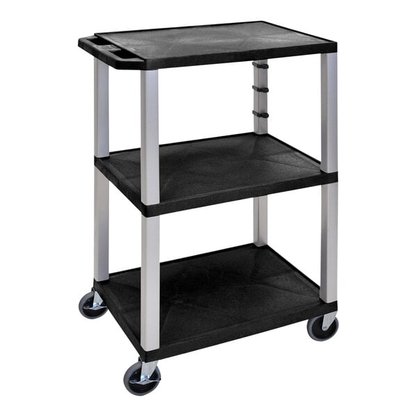 A black Luxor plastic utility cart with three shelves and heavy-duty casters.