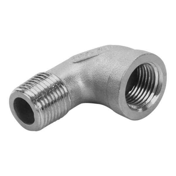 A silver stainless steel Henny Penny pipe elbow fitting with a threaded end.