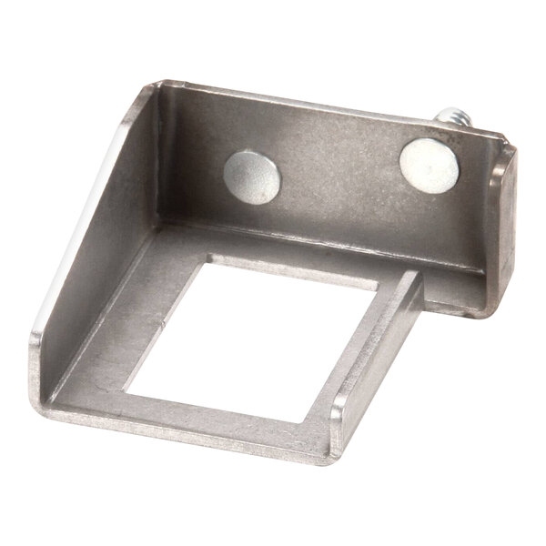 A metal corner bracket with a square hole.