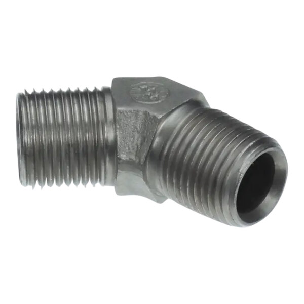 A black pipe fitting with a nut and threaded end on a Henny Penny inlet fitting.