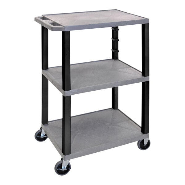 A gray Luxor plastic utility cart with three shelves and black heavy-duty casters.