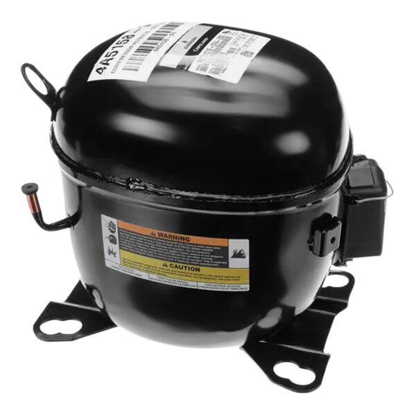 A black Hoshizaki compressor with a label on it.