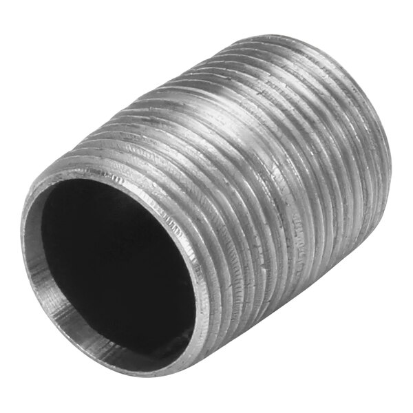 A silver aluminum pipe with black threading.