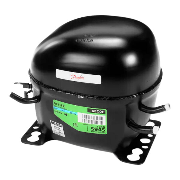 A black Hoshizaki air compressor with a green label.