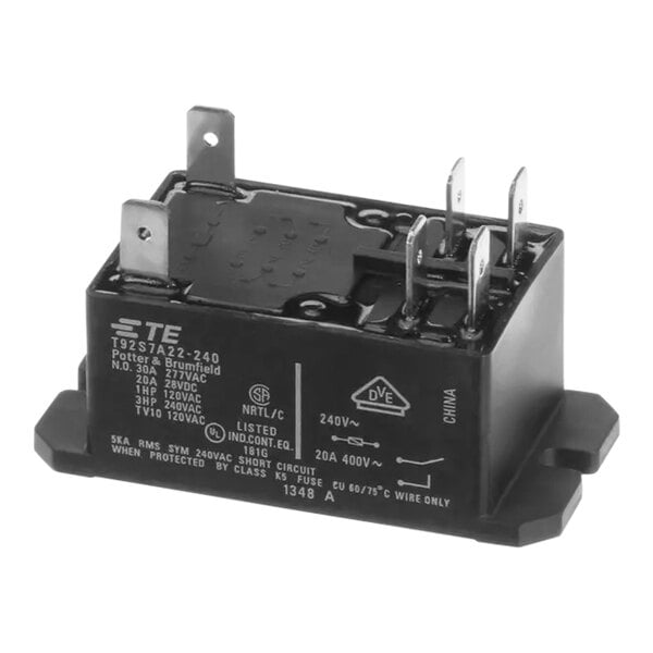 A small black rectangular Henny Penny relay with two wires.