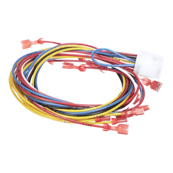 A close-up of a Henny Penny wiring harness with red, yellow, and blue wires.