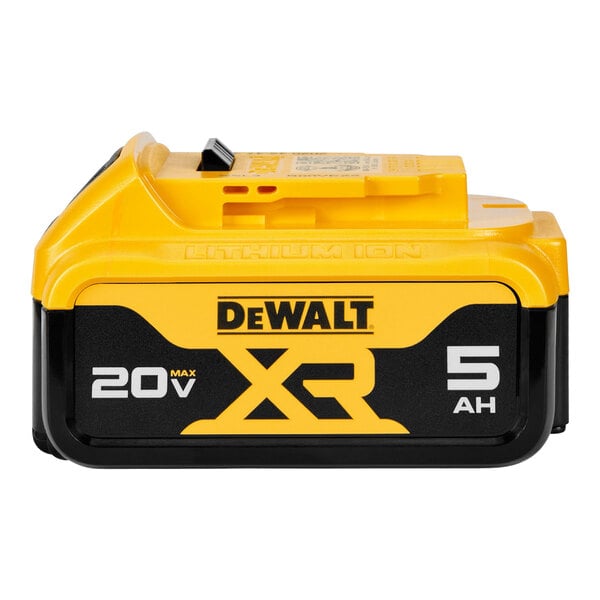 A yellow and black DeWalt 20V MAX XR lithium-ion battery.