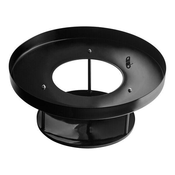 A black circular rain bonnet lid with a hole in the center.