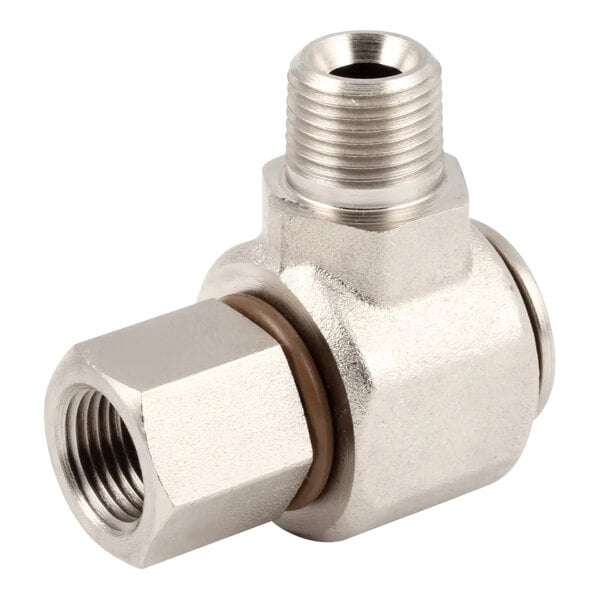 A stainless steel Henny Penny 3/8 Npt swivel pipe fitting.