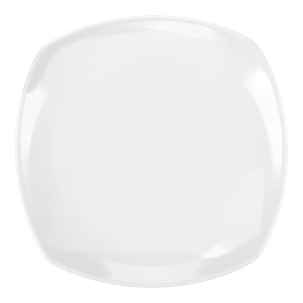 A white square melamine plate with upturned corners.