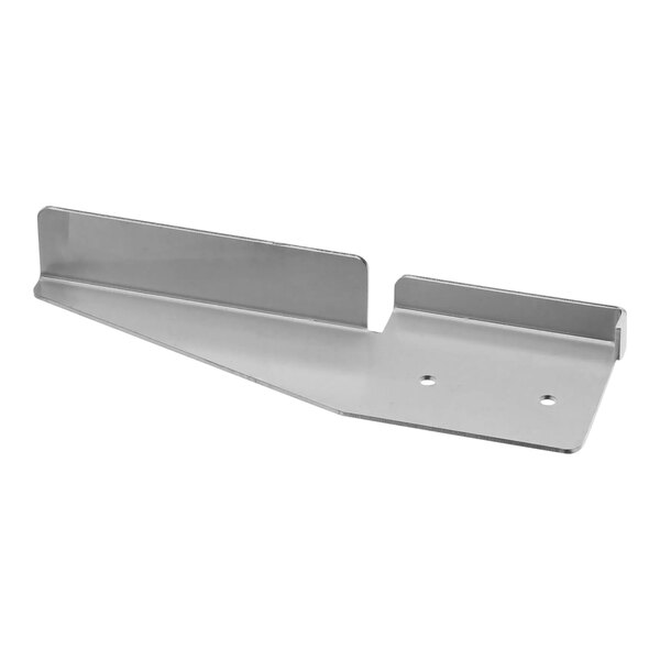 A stainless steel metal bracket with two holes.