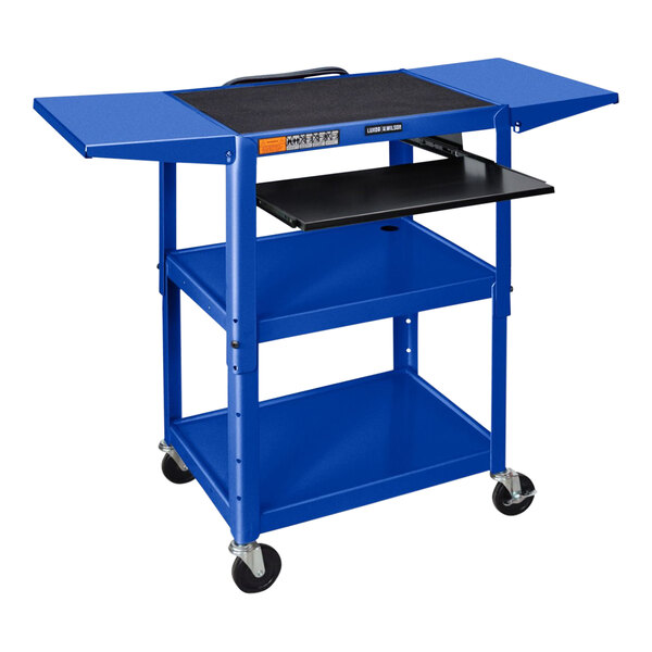 A blue Luxor steel utility cart with a black sliding keyboard shelf.