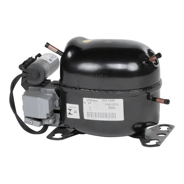 A black and silver Hoshizaki compressor with a hose attached.