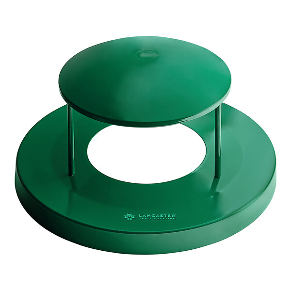 A green round rain bonnet lid on a white background.