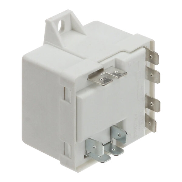 A white Beverage-Air relay switch with metal parts and two wires.