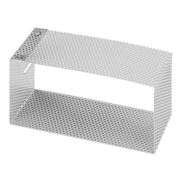 A metal shelf with holes.