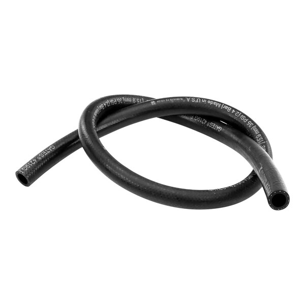 A black rubber hose with white text.