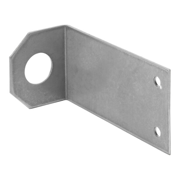 A metal bracket with a hole in the middle.