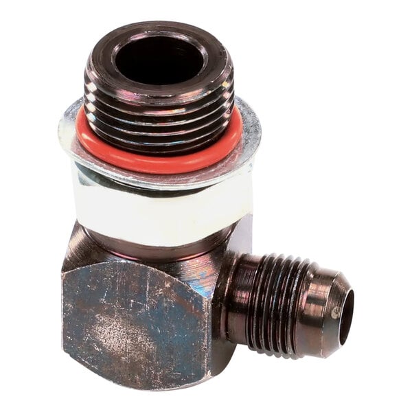 A close-up of a metal Henny Penny elbow fitting with red rubber rings.