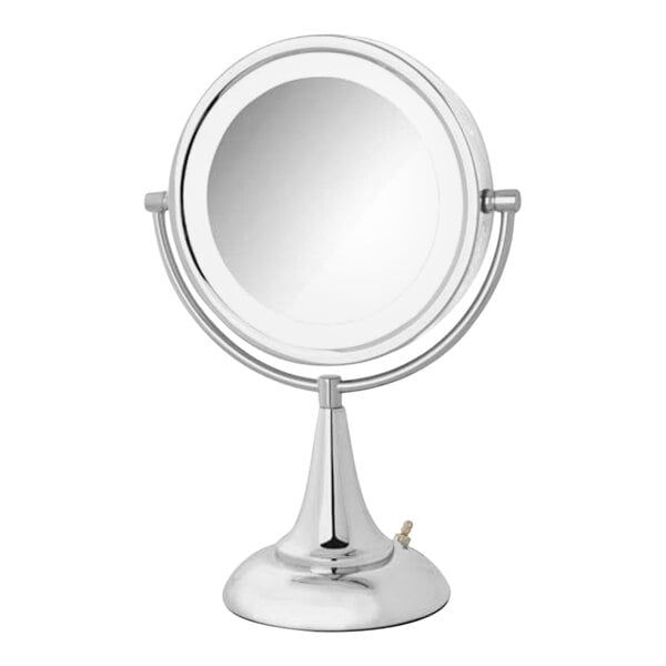 A Jerdon round chrome LED mirror on a stand.