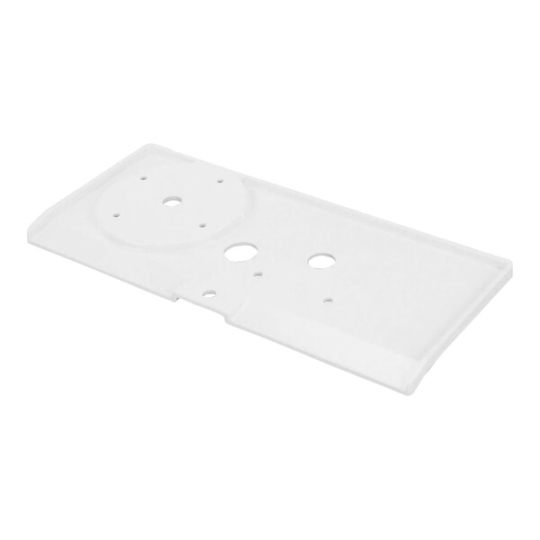 A white plastic square bracket with holes.