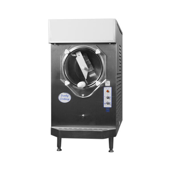 A Frosty Factory large cylinder remote-cooled frozen cocktail machine with a stainless steel base and round door.