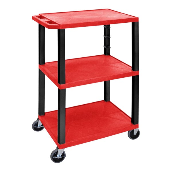 A red and black plastic Luxor utility cart with three shelves and wheels.