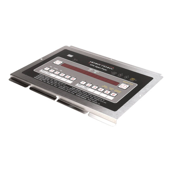 A close-up of a silver Henny Penny OFX32X control panel with a red button.