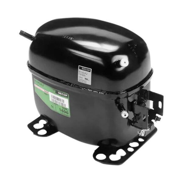 A black metal compressor with a green lid.