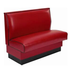 A red leather American Tables & Seating booth with a black base.