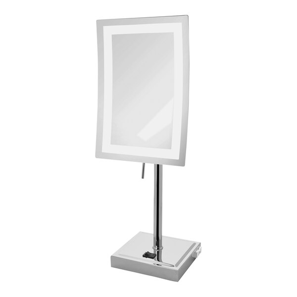A Jerdon rectangular chrome mirror on a metal stand.
