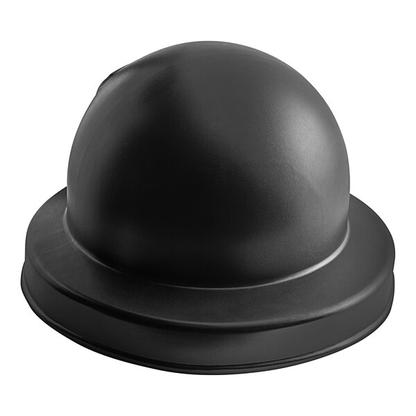 A black round dome lid for a trash can.